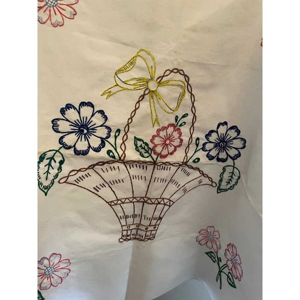 Vintage‎ Square Hand Embroidered White Cotton tablecloth Floral Basket Stains